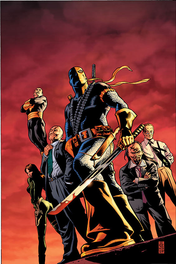 From left: Talia, Black Adam, Lex Luthor, Deathstroke, Dr. Psycho, Calculator.  