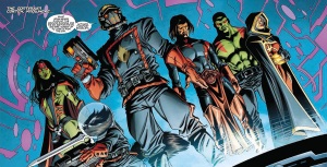 From left to right: Gamora, Rocket Raccoon, Star-Lord, Adam Warlock, Drax, Phyla-Vell.