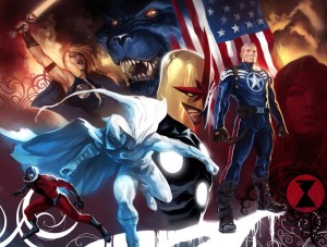 Left to right: Ant-Man, Valkyrie, Moon Knight, Beast, Nova, Steve Rogers, Black Widow. (Not pictured: War Machine, Sharon Carter)